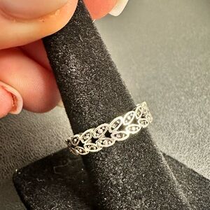 Silver Double Band Ring Marcasite Leaves